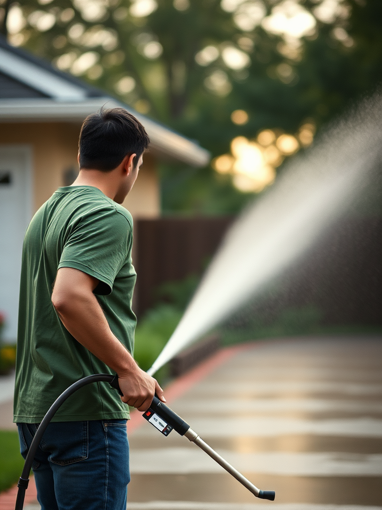 a person in a green t-shirt, pressure washing driveways professionally